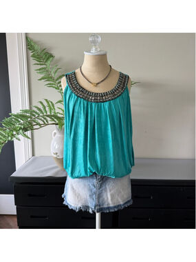 Y2K Turquoise Beaded Tank Top Size M/L Flowy Summer Boho